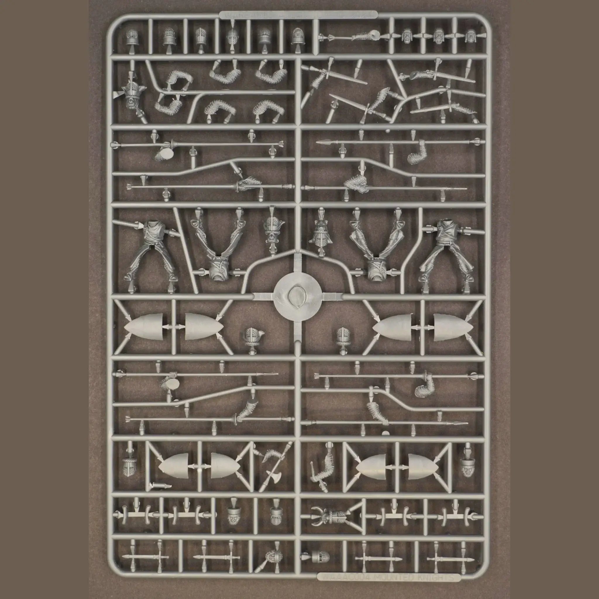 Mounted knights model kit sprue featuring detailed metal components for 12th and 13th century cavalry figures.