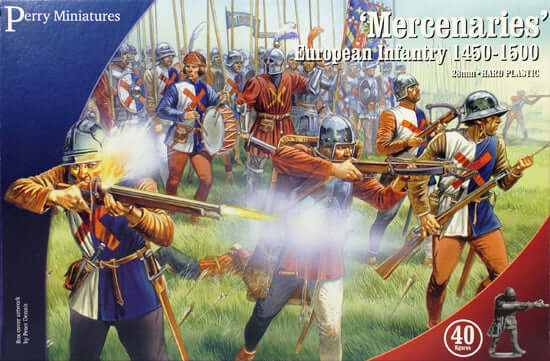 Plastic mercenaries European infantry set 1450-1500, featuring pikemen, crossbowmen, and handgunners with command figures.