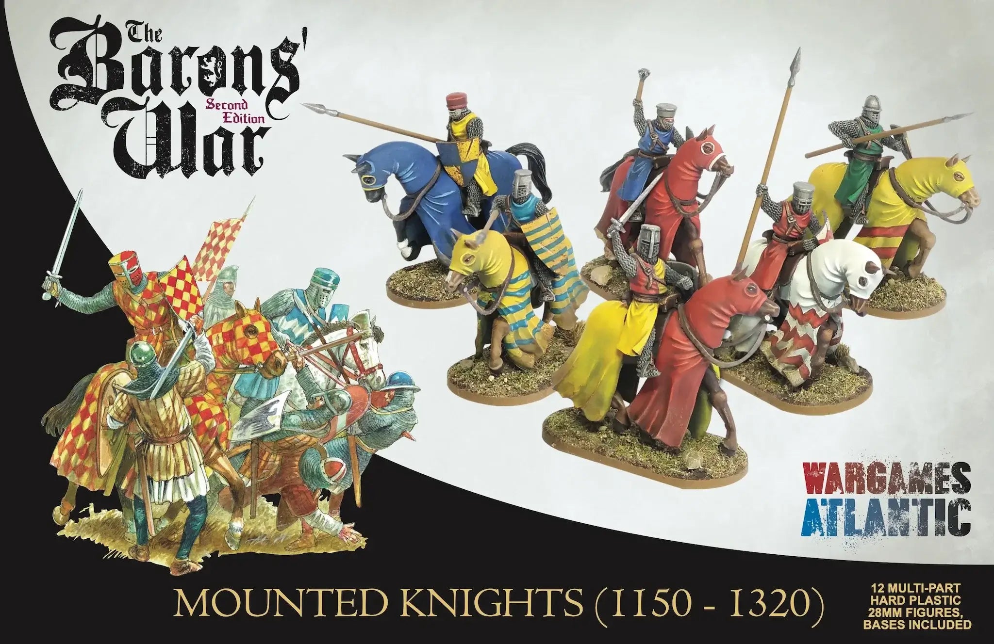 Mounted knights (1150-1320) from The Barons' War, featuring multi-part plastic miniatures ready for battle.