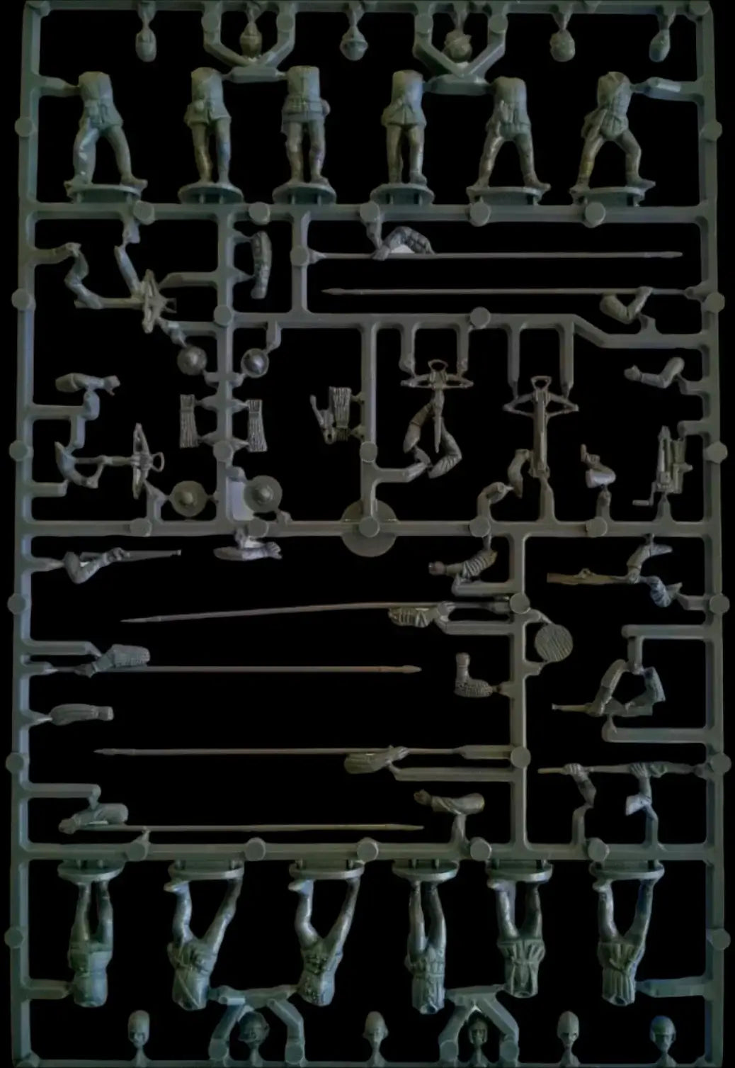 Plastic model sprue featuring European infantry figures, including pikemen, crossbowmen, and handgunners.