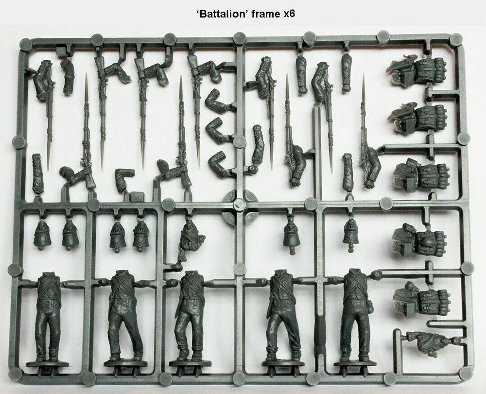French Napoleonic Infantry Battalion unassembled plastic figures on a frame, including rifles and equipment.