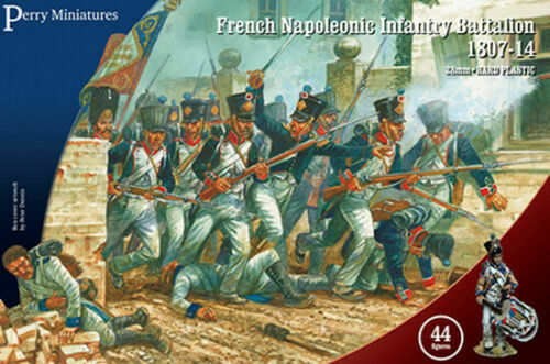 French Napoleonic Infantry Battalion 1807-14 box set featuring 44 plastic figures in combat scenes by Perry Miniatures.