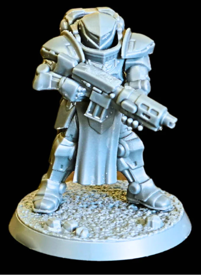 An unpainted light gray 3D-printed miniature figurine of a sci-fi soldier in full armor holding a rifle, standing on a textured circular base against a solid black background.