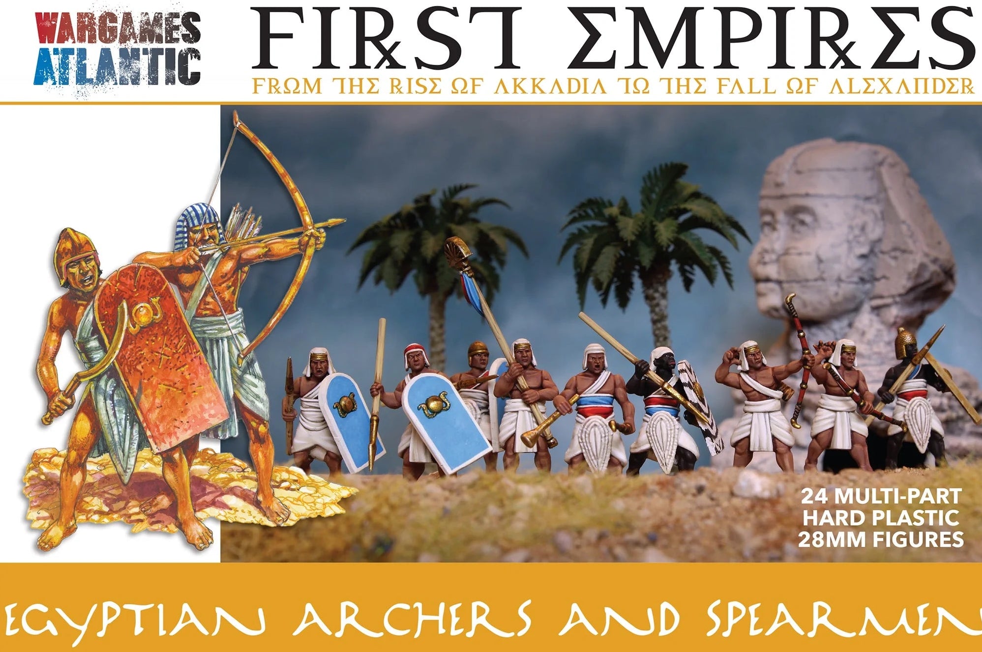 Box art for WarGames Atlantic's 'First Empires' set, featuring illustrated and photographed Egyptian archers and spearmen figures. The packaging includes the WarGames Atlantic logo, the title 'First Empires', and text noting '24 multi-part hard plastic 28mm figures'.