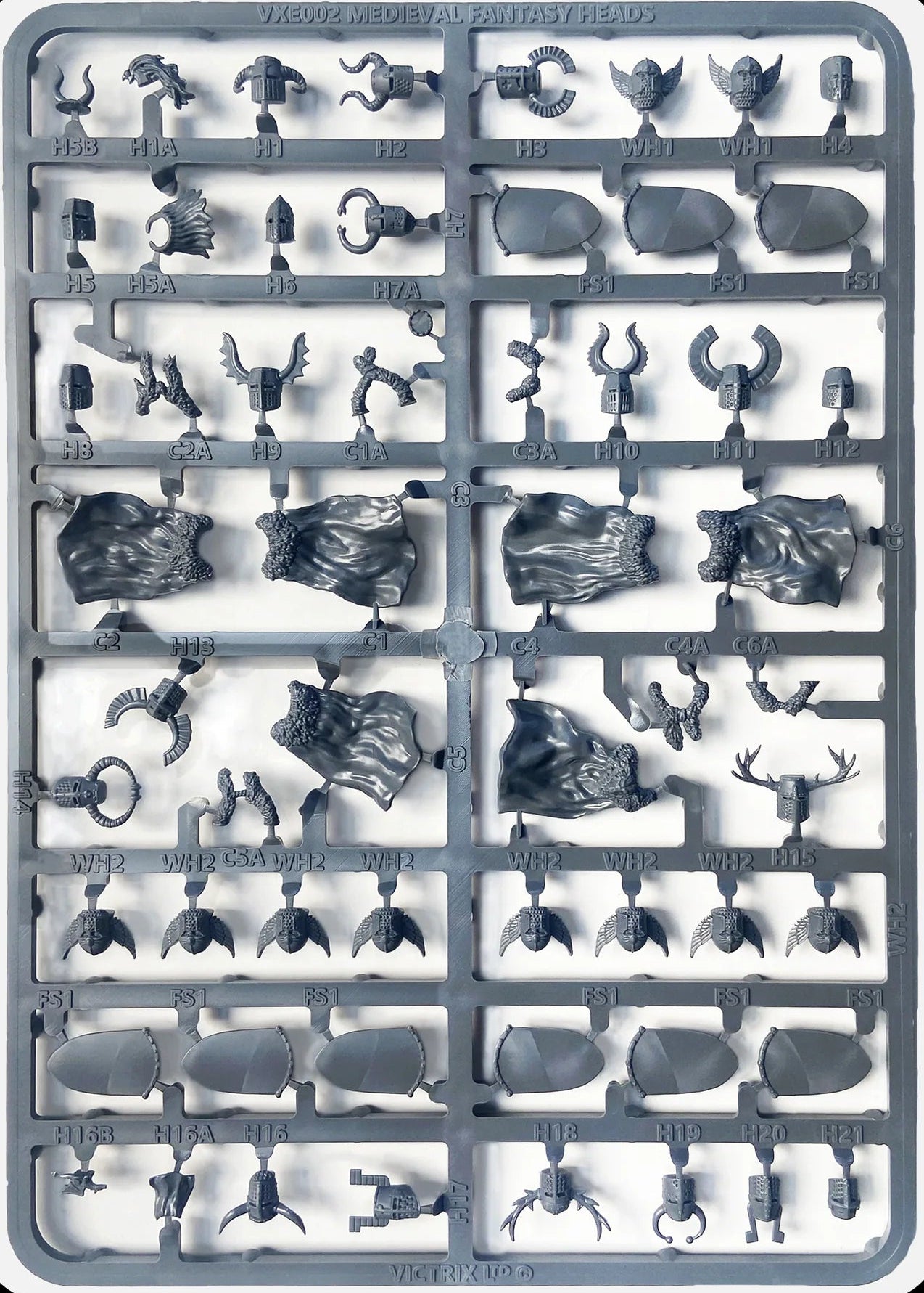 Medieval & Fantasy Heads, Cloaks & Shields Sprue VXE002